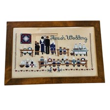 VTG Amish Wedding Cross Stitch Framed Folk Art Needlepoint Cottagecore 13x19