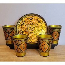 Vintage 1984 USSR Agidel Ufa Ayran Goblet Set Lacquered Soviet Folk Art Tray 5pc picture