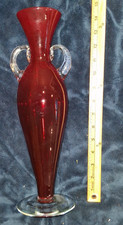 Vtg Blenko Ruby Red Handcrafted Art Glass Footed Vase with Applied Handles picture