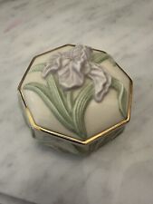 Vintage LENOX Ivory 3” Iris Floral China Round Trinket Jewelry Box picture