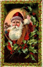 Vintage Victorian Postcard 1910 A Merry Christmas - Santa with Holly Border picture
