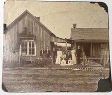 1890s WEDDING w DOG Family antique Photo GROUP Men Women Dresses House Fence picture
