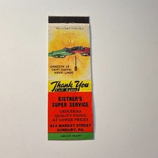 Kistner's Super Service Groceries Sunbury PA Vintage Matchbook Cover 5MB126-3-3 picture