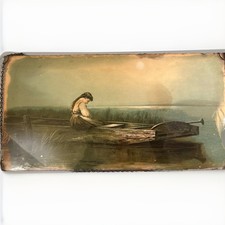 Antique Chain Frame Glass Wall Hanging Girl On Rowboat picture