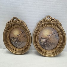 Homco Vintage Oval Gold Frame Blue Bird Print #3279 SET Made in USA Nest MCM picture