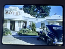 1951 Kodachrome Slide Streid’s Motel Bloomington IL Route 66 Vintage Car Red Bor picture