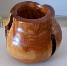 Vintage Studio Woodturning Burl Hollow Form Live Edge Signed TR Vase 2002 6x8 picture