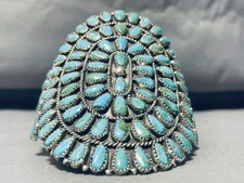 VINTAGE NAVAJO ROYSTON TURQUOISE CLUSTER STERLING SILVER CUFF BRACELET picture
