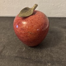 Polished Marble Stone Red Apple Paperweight With Brass Stem 3” Vintage picture