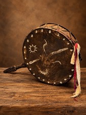 Nepalese Shaman Style Ritual Drum w/ Carved Handle Approx. 12
