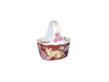 1985 Action Japan Orange Tabby Cat Mini Small Ceramic Floral Trinket Basket 3.5