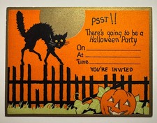 Vintage 1930’s Halloween Party Invitation Black Cat Fence JOL Pumpkin Gibson ? picture