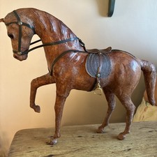 Vintage Leather Wrapped Horse Statue. Brown Equestrian Figurine With Saddle 30cm picture