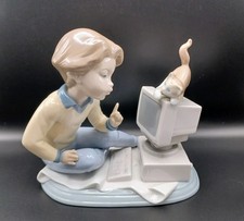 Lladro 6693 Programming Pals Porcelain Figurine Boy Cat PC Vintage Retired picture
