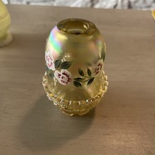 Fenton Hand Painted Iridescent Yellow Satin Glass Fairy Lamp Signed S. Allman picture
