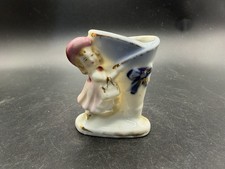 Vintage Japan Porcelain Girl Bonnet Miniature Planter Toothpick Holder 3 Inch  picture