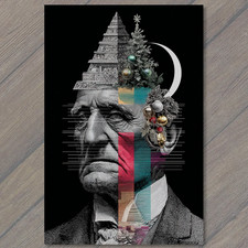 POSTCARD Surreal Gentleman Pyramid Tree Head Ornaments Moon Abstract Collage Vin picture