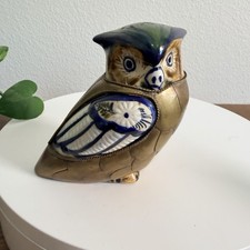 Vintage Tonala Owl Brass Mexican Bird Folk Art Armored Hand Painted Ceramic picture