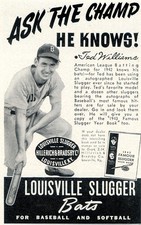 1943 TED WILLIAMS BASEBALL PLAYER PIC LOUISVILLE SLUGGER BASEBALL BAT AD picture
