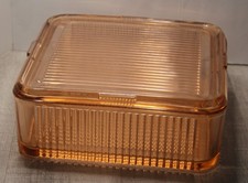 Vintage Pink Glass Refrigerator Dish w/ Lid Ribbed Frigie (Small Rim Chip) picture
