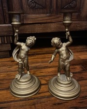 French Rococo Style Bronze Candlestick Clodion Cherub Set Candle Holders See Pic picture