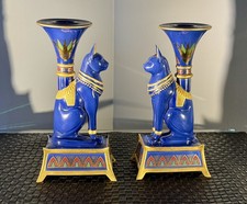 VTG Cat Golden Candlesticks Of Bast Porcelain 24K Gold Franklin Mint Egyptian 8” picture