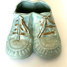 Vintage Creek Turn Pottery Planter Green Baby Shoes With Gold Accent Laces picture
