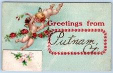 Pre-1907 GREETINGS from PUTNAM CONNECTICUT CHERUBS ADD-ON TINY ENVELOPE POSTCARD picture