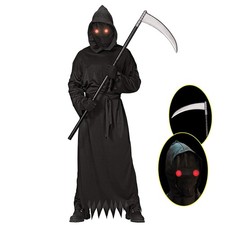 Lomesion Grim Reaper Halloween Costume with Glowing Red Eyes for Kids, Scythe In picture