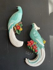 Vintage Bird of Paradise On Flowers Chalkware Wall Hanging Plaque Colorful Set picture