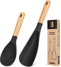 2-Pc Silicone/WoodCooking Spoon & Rice Scooper,Nonstick Safe 9.3/14.3