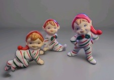 Lefton Elf Pixie Trio Candy Cane XMAS Ornament Figurine Miniature Kneel 3” Korea picture