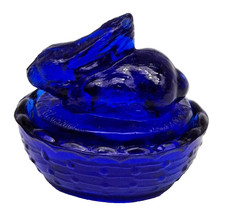 VINTAGE 2.5” Miniature Bunny On Nest Cobalt Blue Salt Cellar Made in USA picture