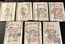 Vintage Hand Embroidered Kitchen Tea Towels Set of 7 Cute Anthropomorphic Cats picture