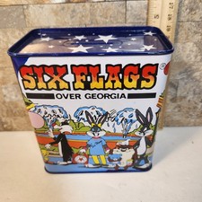Vintage 1987 Six Flags Over Georgia Looney Tunes Metal Coin Bank Tin Souvenir picture