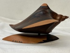 Vintage Belize Signed Hand Carved Two-Tone Wood Manta Ray Conch Shell Sculpture picture