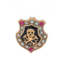 Yellow Gold Mystery Fraternity Badge -10k Ruby Pearl Skull Crossbones Shield Pin picture