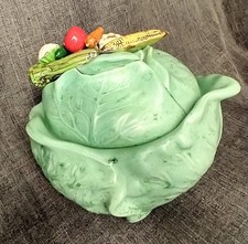 Vintage Cabbage Lettuce Serving Bowl Leafy Green Lid With Vegetables.  picture