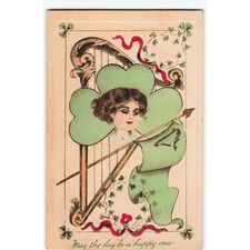 St Patricks Day Postcard 1911 RPPC Shamrock Harp Woman Divided Back picture