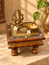 Handcrafted Wooden Pooja Chowki Bajot | Brass Inlay Prayer Altar Puja Stand picture