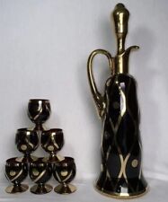 Vintage Czech Bohemian Decanter & 6 Cordials Glasses Amber Liquor Wine Decor picture