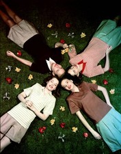 Overhead view looking down four young women laying grass a star fo- Old Photo picture