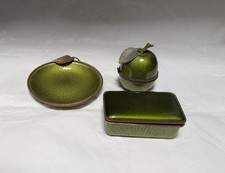 VTG Evans Hand Enameled Set w/ Green Apple Lighter  Ashtray and Lidded Box picture