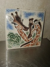 Two Giraffes On Tile / Coaster / Trivet. Adorable Artwork.  Signed.  AS IS picture