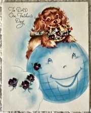 Unused Father’s Day Dog Anthropomorphic Globe Vtg Greeting Card 1940s 1950s picture
