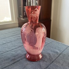 Antique Mary Gregory Cranberry Vase w/ Woman Holding Umbrella 8.5” tall picture