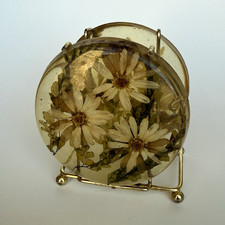 Vintage Pressed Daisy Fern Resin Napkin Holder Gold Tone Wire Frame picture