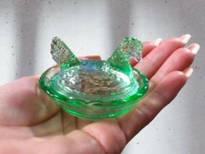 Green Depression Style Glass Mini Hen on Nest Chicken Salt Dish, Vintage Style picture