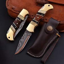 Handmade Personalized Damascus Copper Pocket knife with Brass Stone Bone Handle picture
