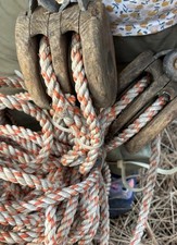 Vintage Wood Block & Tackle Double Pulley Bronze Sheaves Nautical Marine Rigging picture